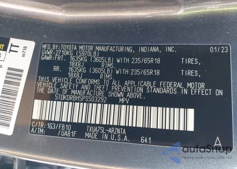 2023 Toyota Highlander Le z USA, uszkodzony, nr VIN 5TDKDRBH5PS503292